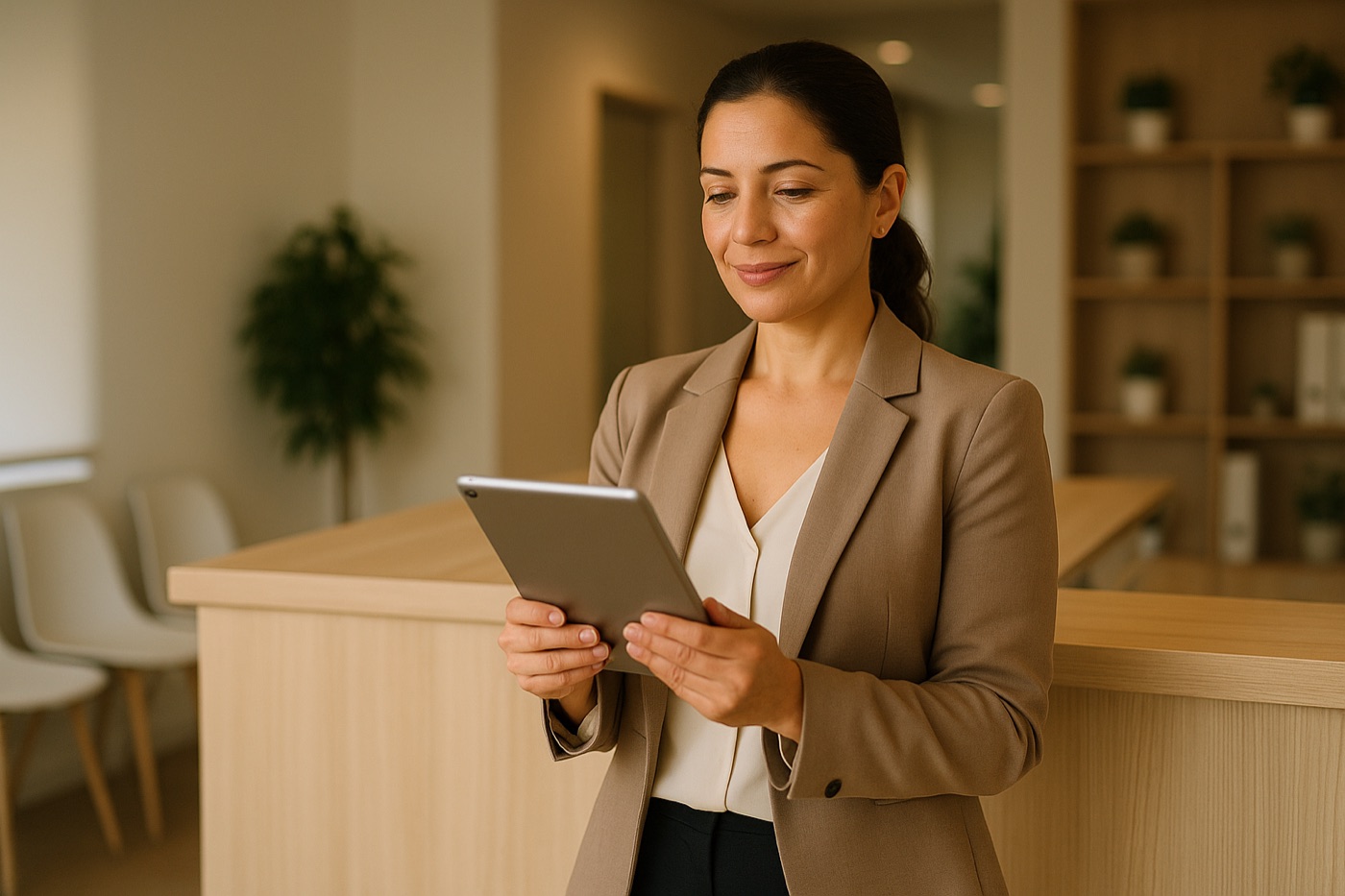 Dona de clínica olhando os números da clínica no tablet, tranquila